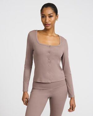 Square Neck Long Sleeve Snap Button Pajama Top