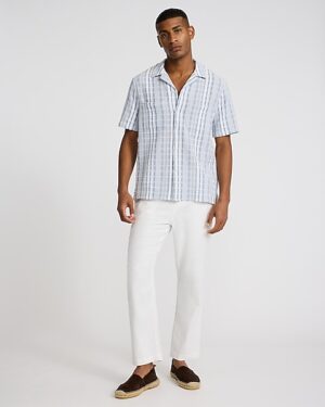 Textured Grid Striped Cotton Short Sleeve Shirt