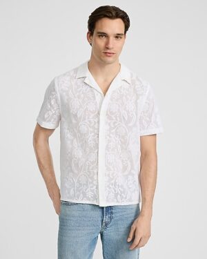 Textured Floral Jacquard Short Sleeve Shirt