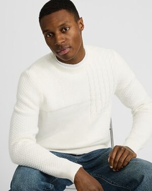 Cotton-Blend Textured Patchwork Crew Neck Sweater