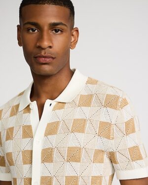 Textured Check Cotton Short Sleeve Sweater Polo