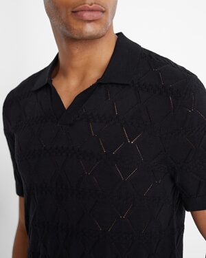 Diamond Pointelle Cotton-Blend Johnny Collar Sweater Polo