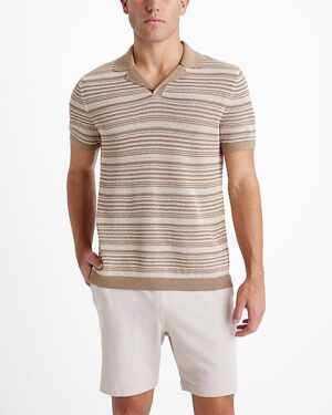 Striped Knit Linen-Blend Short Sleeve Sweater Polo