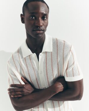 Textured Striped Short Sleeve Sweater Polo