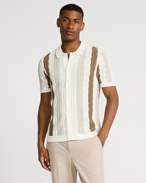 Textured Wavy Striped Cotton-Blend Short Sleeve Sweater Polo
