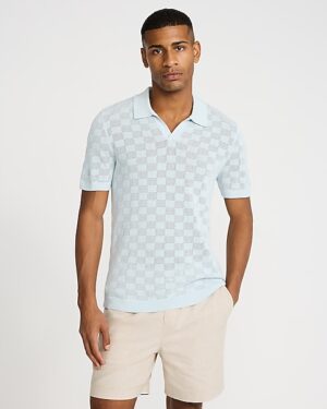 Open Stitch Checkered Cotton-Blend Short Sleeve Sweater Polo