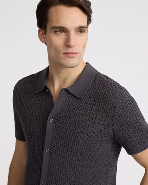 Open-Stitch Cotton Short Sleeve Sweater Polo