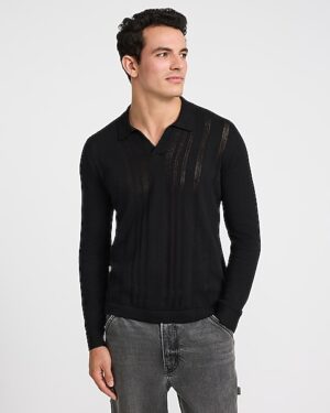 Open Knit Cotton Johnny Collar Sweater Polo
