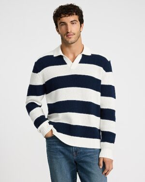 Striped Waffle Knit Cotton Johnny Collar Sweater