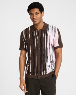 Striped Cotton Snap Button Short Sleeve Sweater Polo