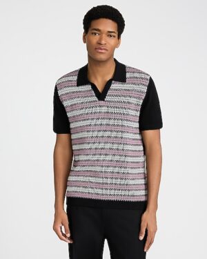 Striped Ribbed Cotton Johnny Collar Sweater Polo