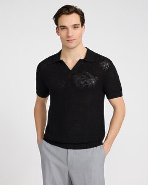 Cotton Open Knit Pointelle Johnny Collar Short Sleeve Sweater Polo
