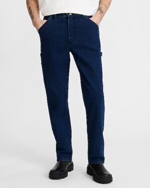 Loose Striped Dark Wash Stretch Carpenter Jeans