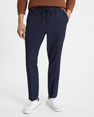 Extra Slim Navy Wool-Blend Washable Modern Tech Drawstring Suit Pant