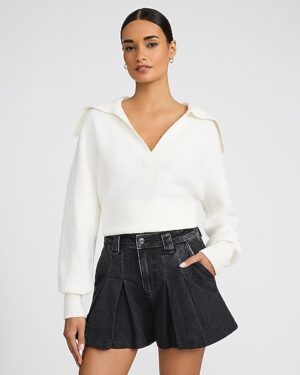 High Waisted Washed Black Pleated Denim Shorts