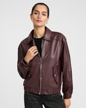 Faux Leather Zip Front Bomber Jacket