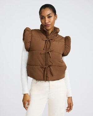 Mock Neck Flutter Sleeve Bow Front Puffer Vest