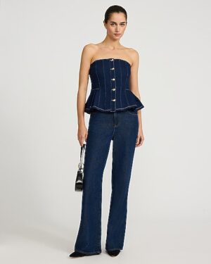 Dark Wash Denim Strapless Novelty Button Peplum Tube Top