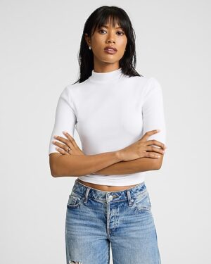 Essential Fitted Ribbed Mock Neck Elbow Sleeve Tee