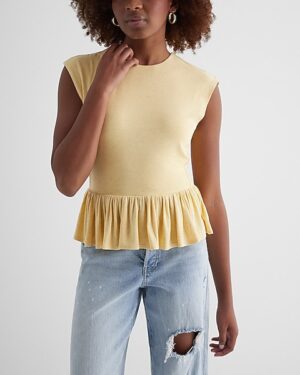 Skimming Linen-Blend Crew Neck Peplum Tee