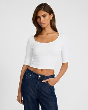 Fitted Ribbed Scoop Neck Elbow Sleeve Tee
