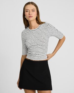 Jacquard Striped Crew Neck Elbow Sleeve Cropped Tee