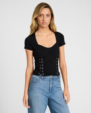 Body Contour Seamless Ribbed Sweetheart Lace-Up Tee