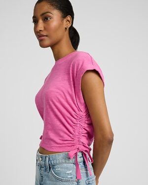 Crew Neck Short Sleeve Ruched Side Tie Tee