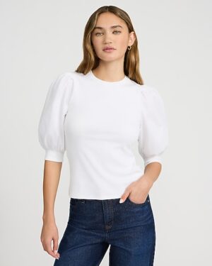 Mixed Media Crew Neck Short Puff Sleeve Tee