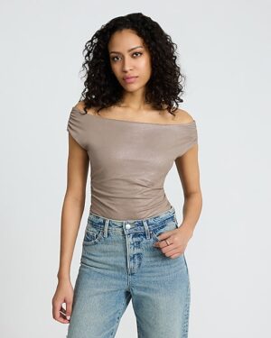 Body Contour Stretch Cotton Shine Off The Shoulder Ruched Bodysuit