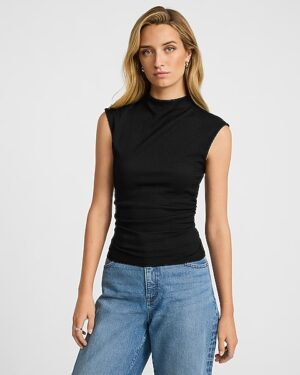 Textured Mock Neck Cap Sleeve Ruched Top
