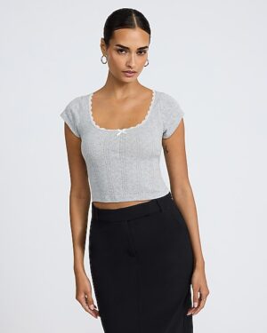Pointelle Lace Trimmed Scoop Neck Short Sleeve Cropped Tee
