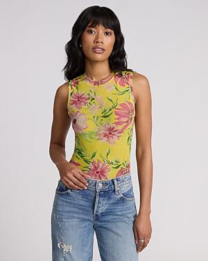 Floral Mesh Crew Neck Sleeveless Bodysuit