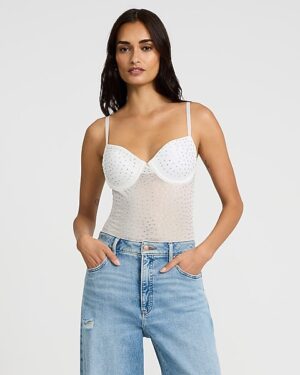 Rhinestone Embellished Mesh Bustier Bodysuit