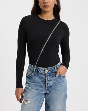 Body Contour Stretch Cotton Asymmetrical Zip Long Sleeve Tee