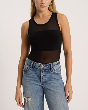 Fitted Mesh Pieced Crew Neck Sleeveless Bodysuit
