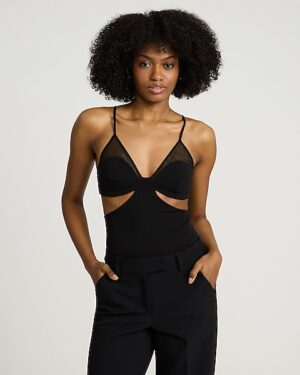 Studio Stretch Crepe Mesh Pieced V-Neck Sleeveless Cutout Bodysuit