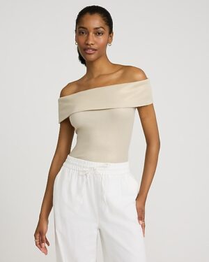 Shine Fitted Ribbed Off The Shoulder Overlay Top