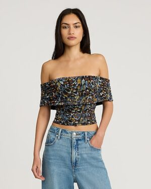 Body Contour Printed Mesh Off The Shoulder Overlay Cropped Top