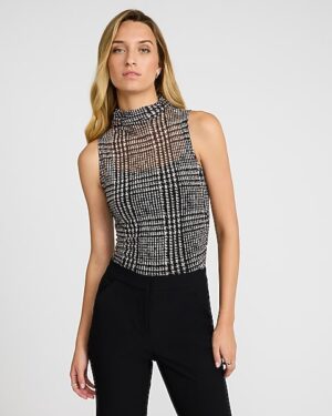 Mesh Houndstooth Mock Neck Ruched Tank