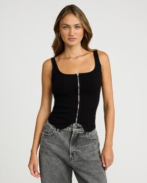 Ribbed Square Neck Zip Front Tank