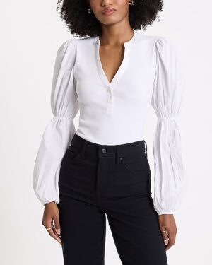 V-Neck Long Puff Sleeve Henley Bodysuit