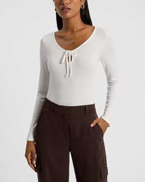 Fitted Ribbed Long Sleeve Tie Front Bodysuit