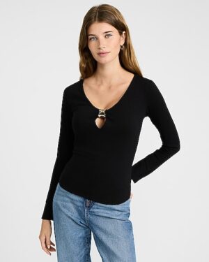 Gold Hardware V-Neck Long Sleeve Tee