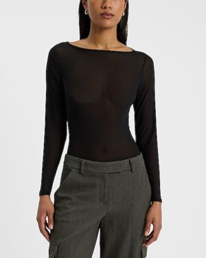 Mesh Boat Neck Long Sleeve Bodysuit