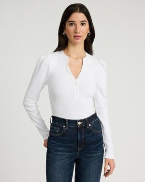 Ribbed Puff Sleeve Henley Bodysuit