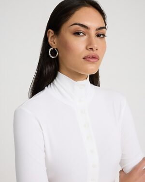 Ribbed Mock Neck Long Sleeve Button Front Tee
