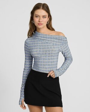 Matte Jersey Printed Draped Off The Shoulder Long Sleeve Tee