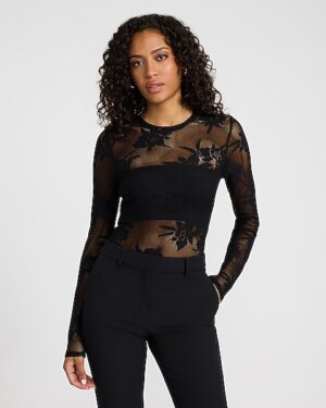 Floral Lace Fitted Mesh Crew Neck Long Sleeve Tee