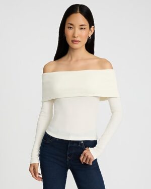 Fitted Ribbed Off The Shoulder Overlay Tee